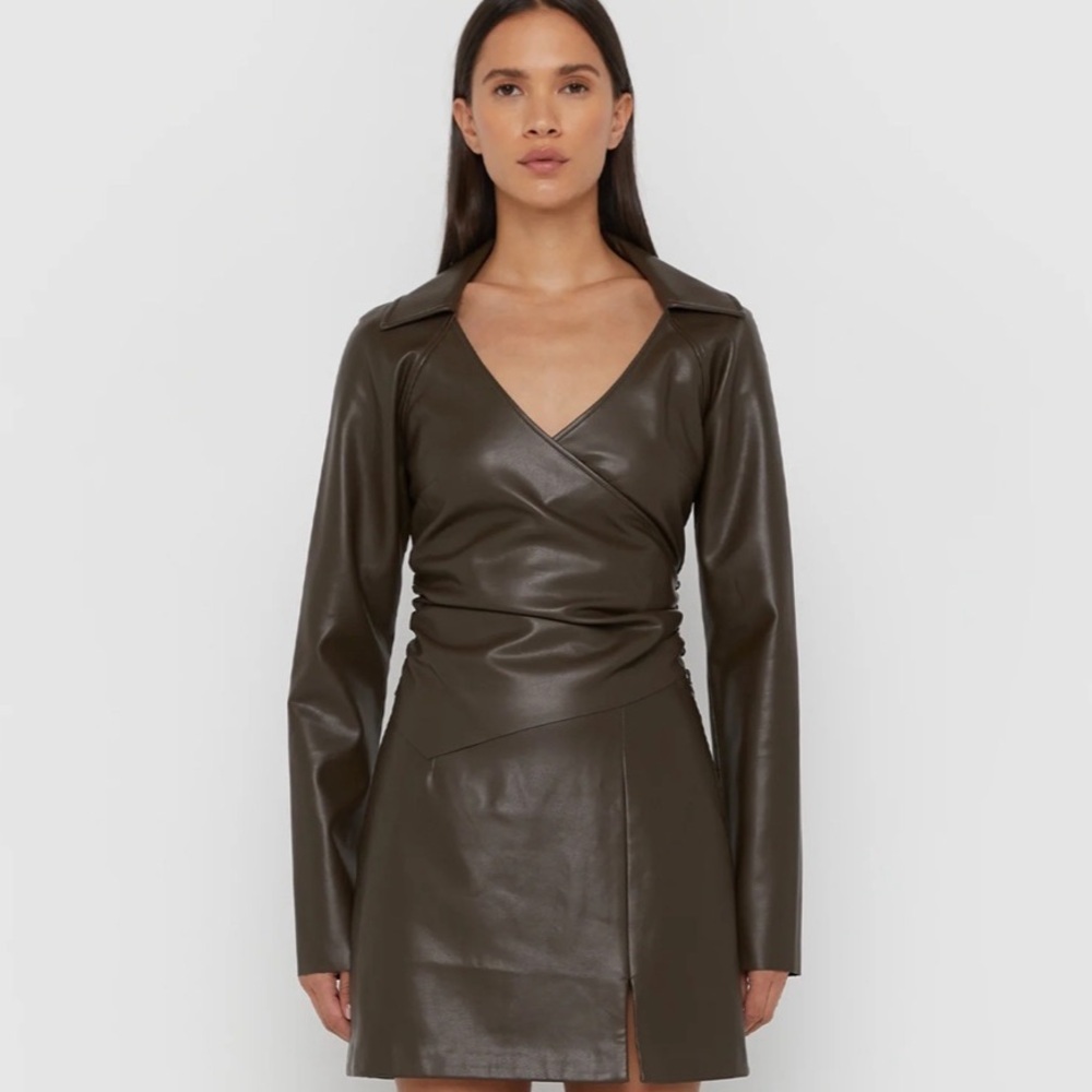 Oak + Fort Vegan Faux Leather Wrap Top Minimalist Modern Coffee Brown Size XS